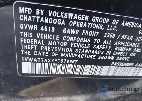 2015 Volkswagen Passat 1.8T Wolfsburg Edition from USA, damaged, VIN 1VWAT7A3XFC078657